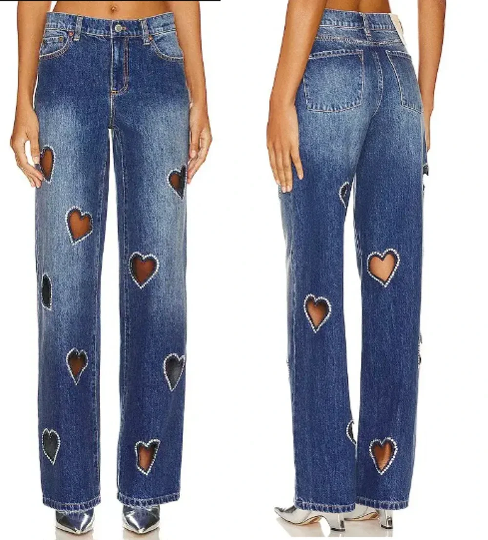 Alice + Olivia Karrie Embellished Rhinestone Heart Cutout Jean Blue Women's 27
